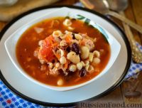 Фото к рецепту: Томатный суп с фасолью, фаршем и макаронами