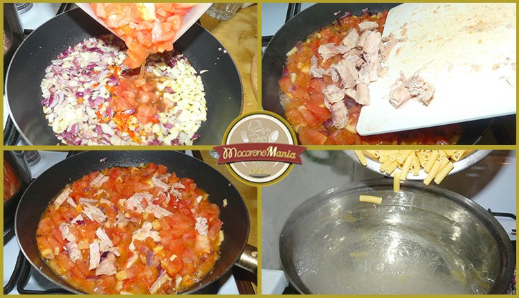Рецепт — паста с тунцом в томатном соусе. Приготовление. Шаг 4. В обжаренные овощи добавляем томаты, тунец. Варим пасту