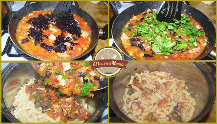 Рецепт — паста с тунцом в томатном соусе. Приготовление. Шаг 6. В томатный соус добавляем шпинат. После перекладываем соус в макароны.