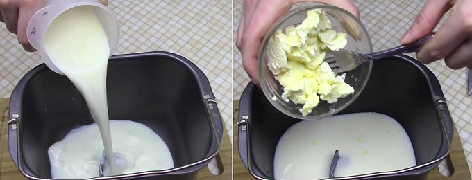 Наливаем яично-молочную смесь и масло в ведерко