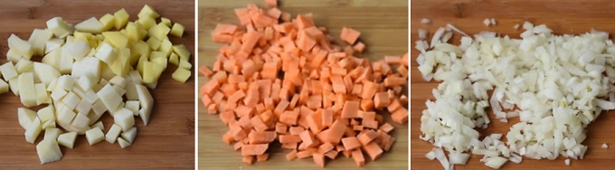 Измельчаем картофель, лук, морковь
